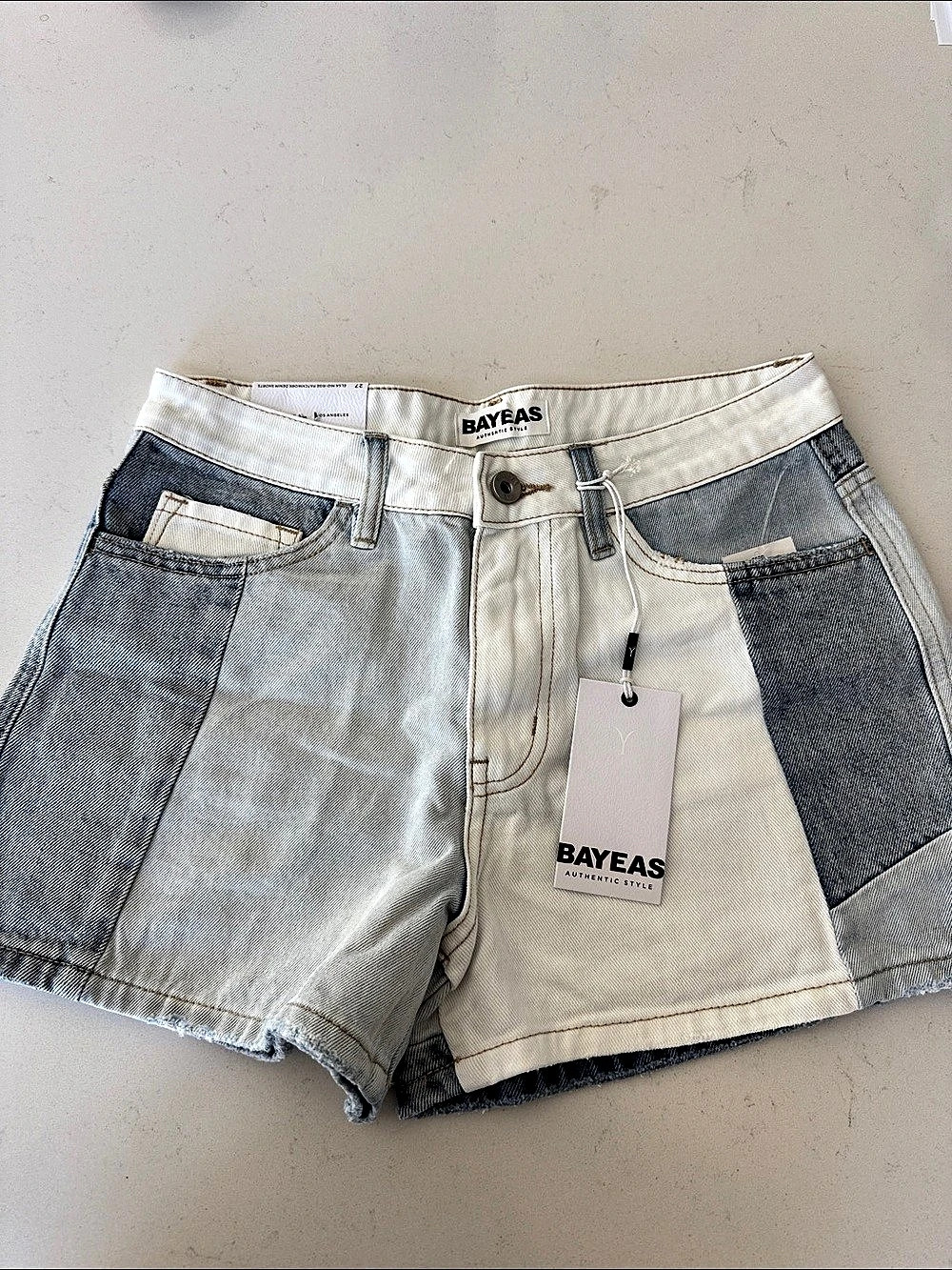BAYEAS Elsa Mid-Rise Patchwork Denim Shorts Patchwork Denim Shorts Waist 27 NWT